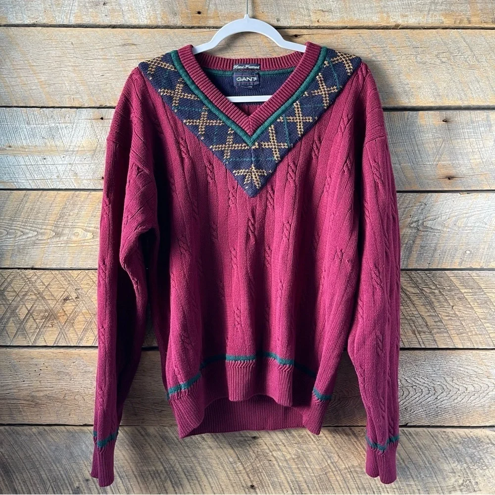 Vintage Gant Hand Framed Maroon Cable Knit V-Neck Sweater Size Medium Adult 90s